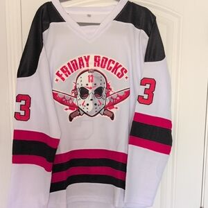 Source Unknown White, Black & Red "Friday Rocks" Hockey Jersey